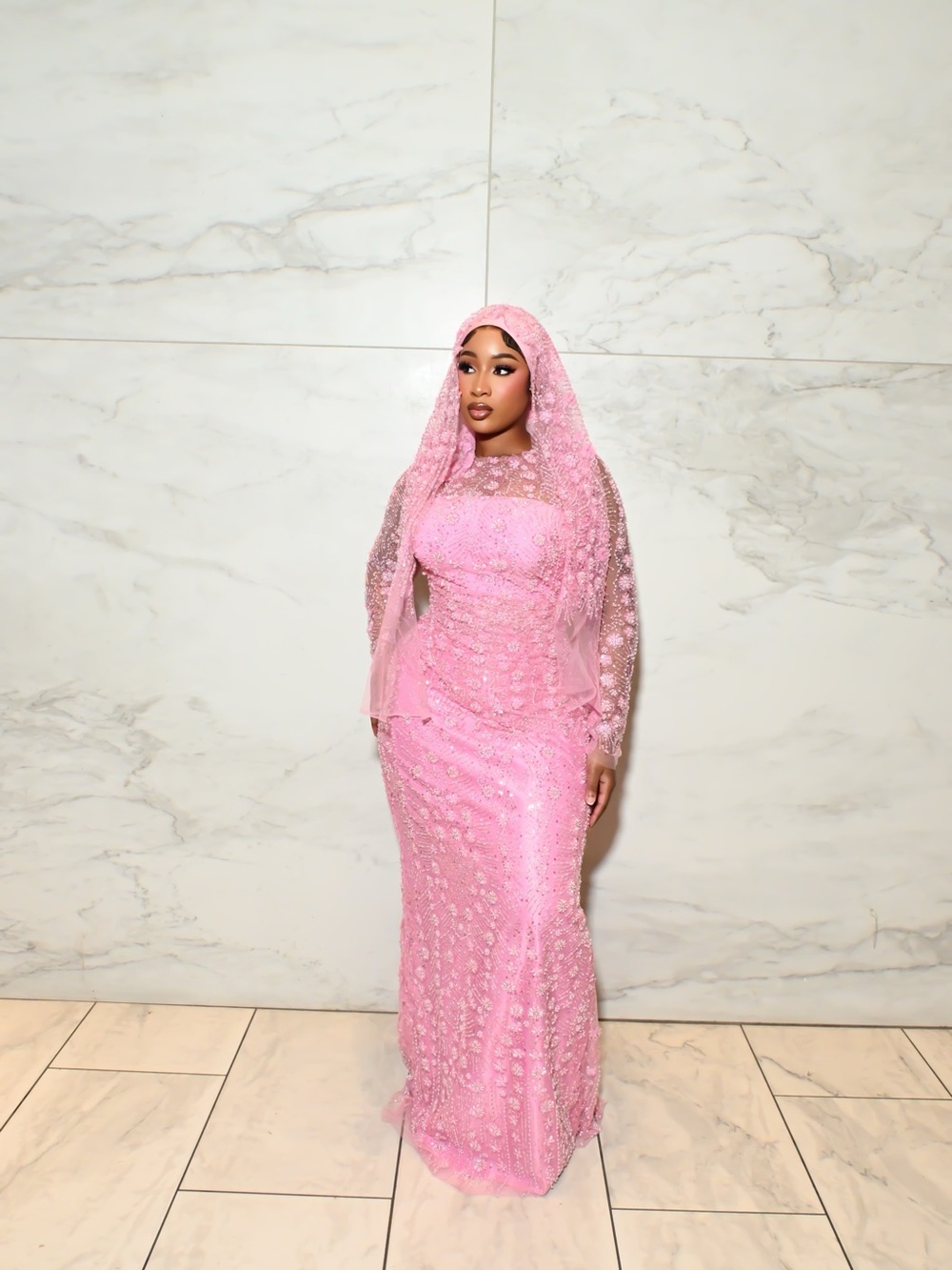 Pink Lace Beaded Gown for Women